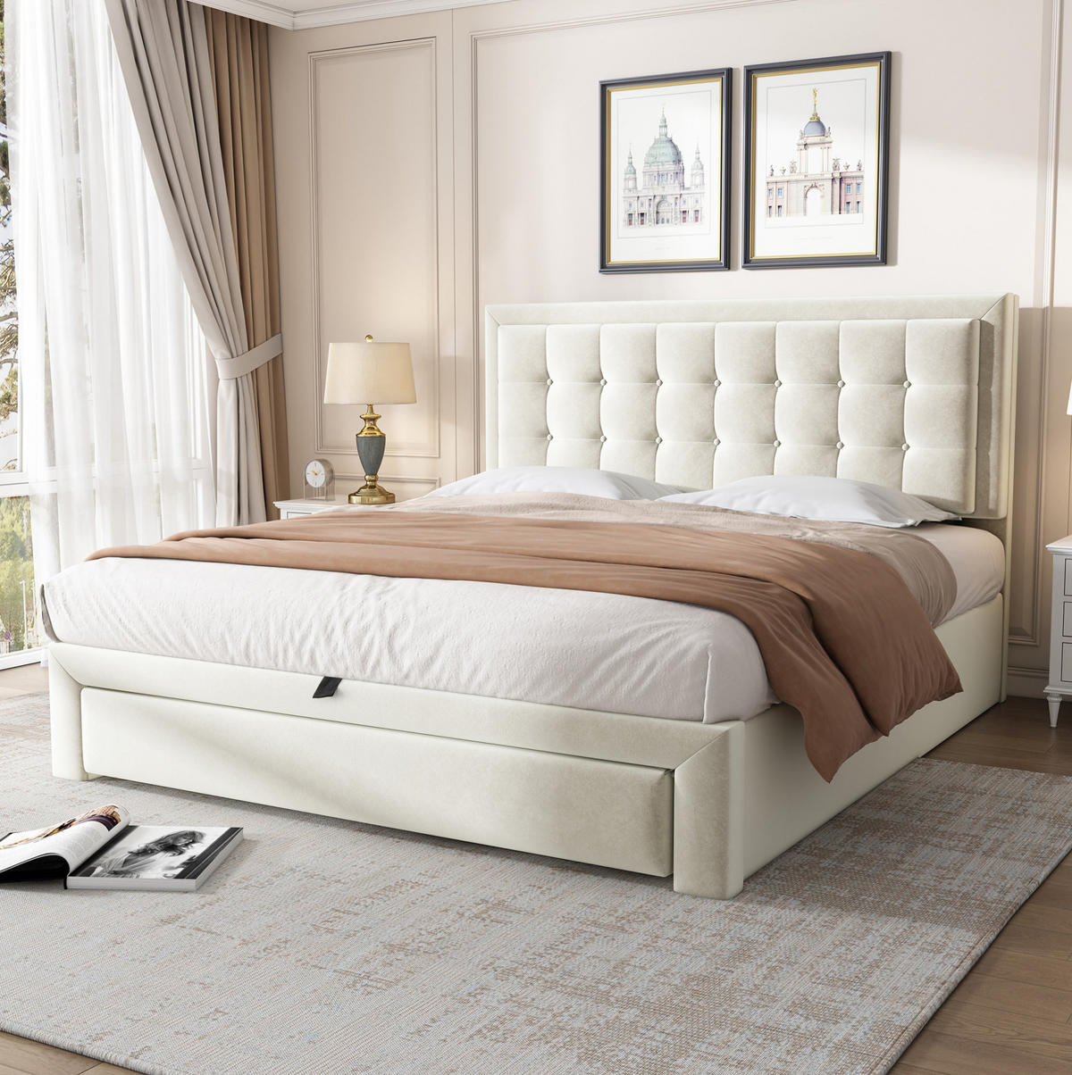 POLSTERBETT 140/190 cm mit hydraulischem Stauraum, 2 Schubladen, höhenverstellbarem Kopfteil und Lattenrost aus Samt, Beige - Beige, Textil (140/190cm) - Redom