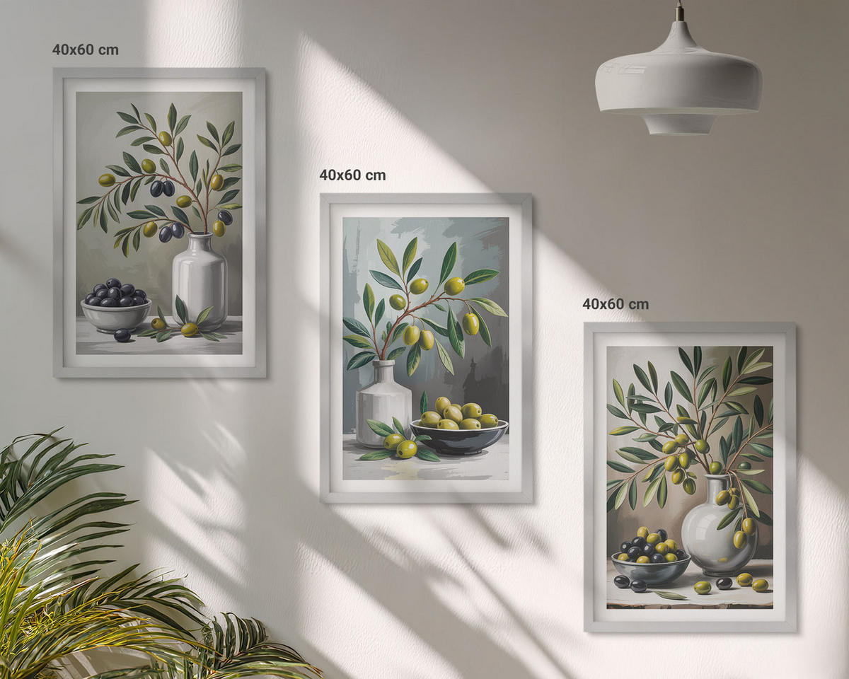 BILDER SET 3er Set - 40x60 cm Silberner Rahmen - Keramik olivgrau - Silberfarben, Kunststoff (40/60cm) - TULUP