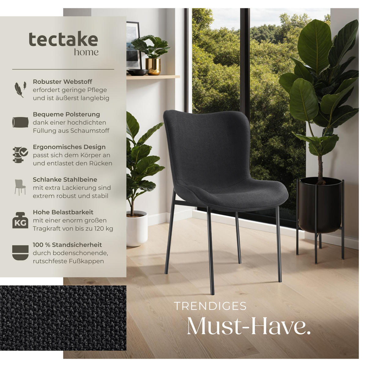 POLSTERSTUHL 4er Set Tessa 54 x 62 x 90 cm Webstoff schwarz/schwarz - Schwarz, Textil (54/90/62cm) - tectake
