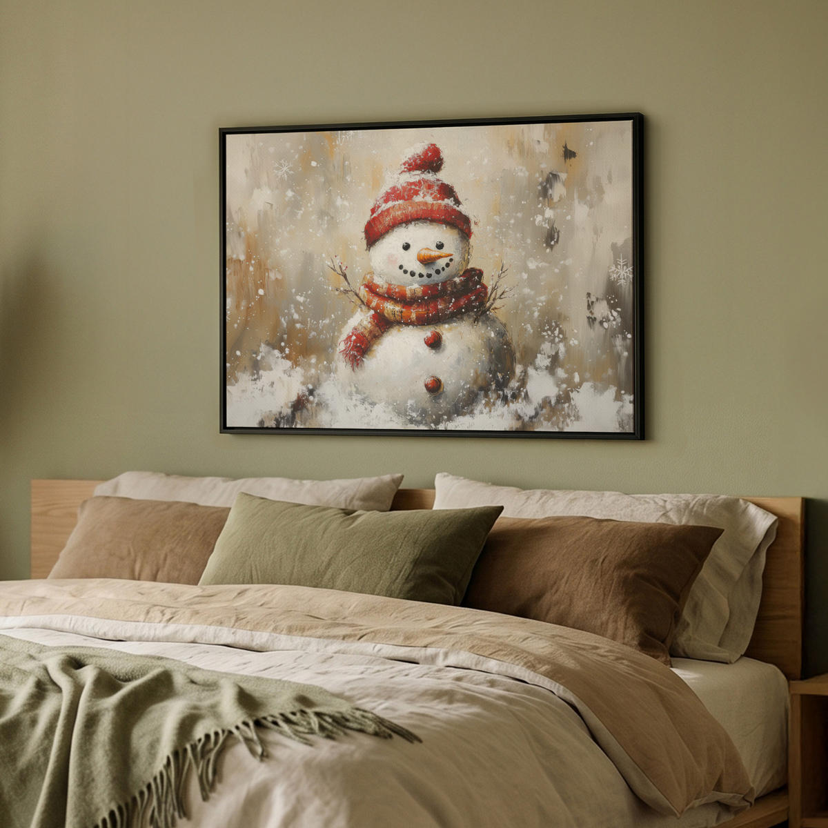 LEINWAND Bilder mit Rahmen - Schneemann - Winter - Schnee - Beige - 70x50 - Weiß, Textil (70/50cm) - MuchoWow