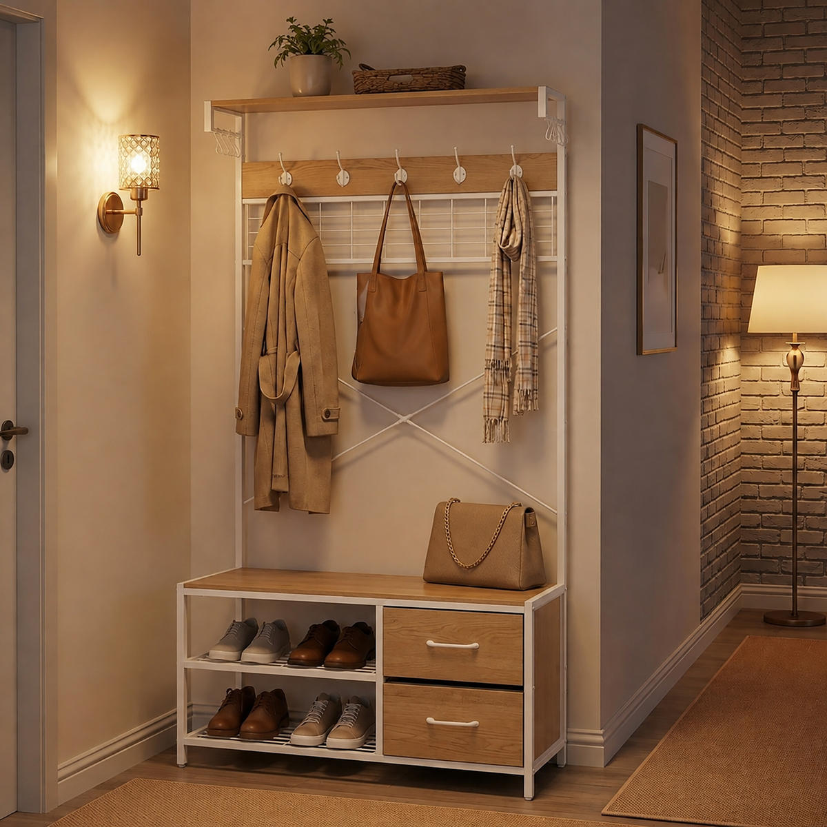 GARDEROBENSTÄNDER Holzoptik Weiß mit Schuhbank 176 cm - Multicolor, Holzwerkstoff/Textil (80/176/30cm) - Relaxdays