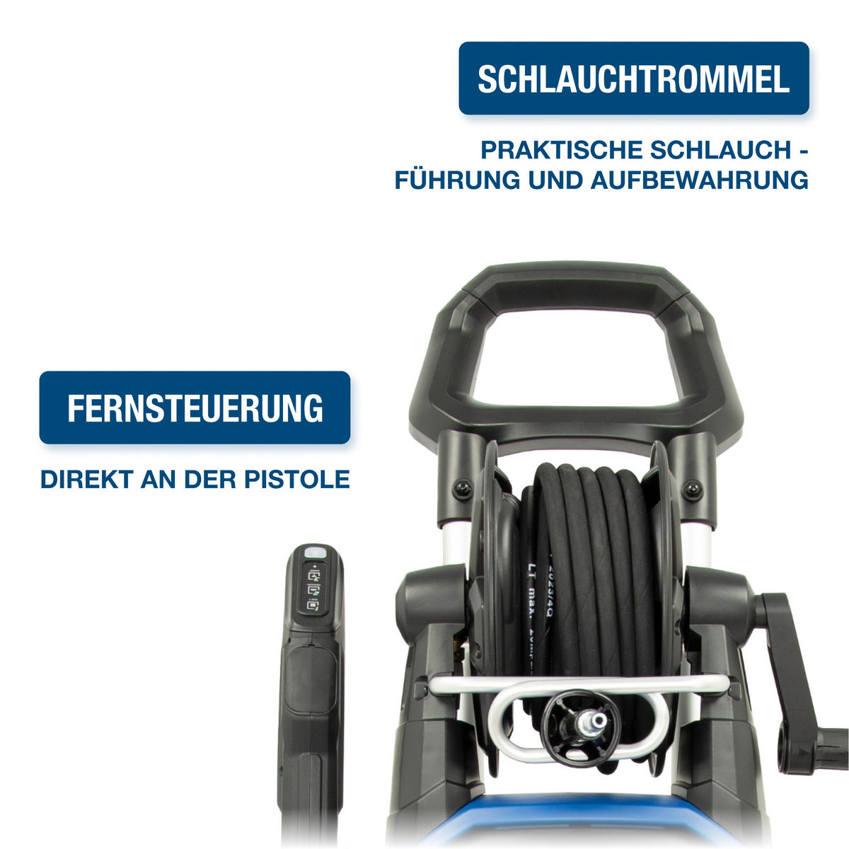 ELEKTRO-HOCHDRUCKREINIGER HPW2400CRE (2400W, 195bar, 450 l/h, Schlauchtrommel, Blau) - Blau, Kunststoff (33/91/36cm) - HYUNDAI