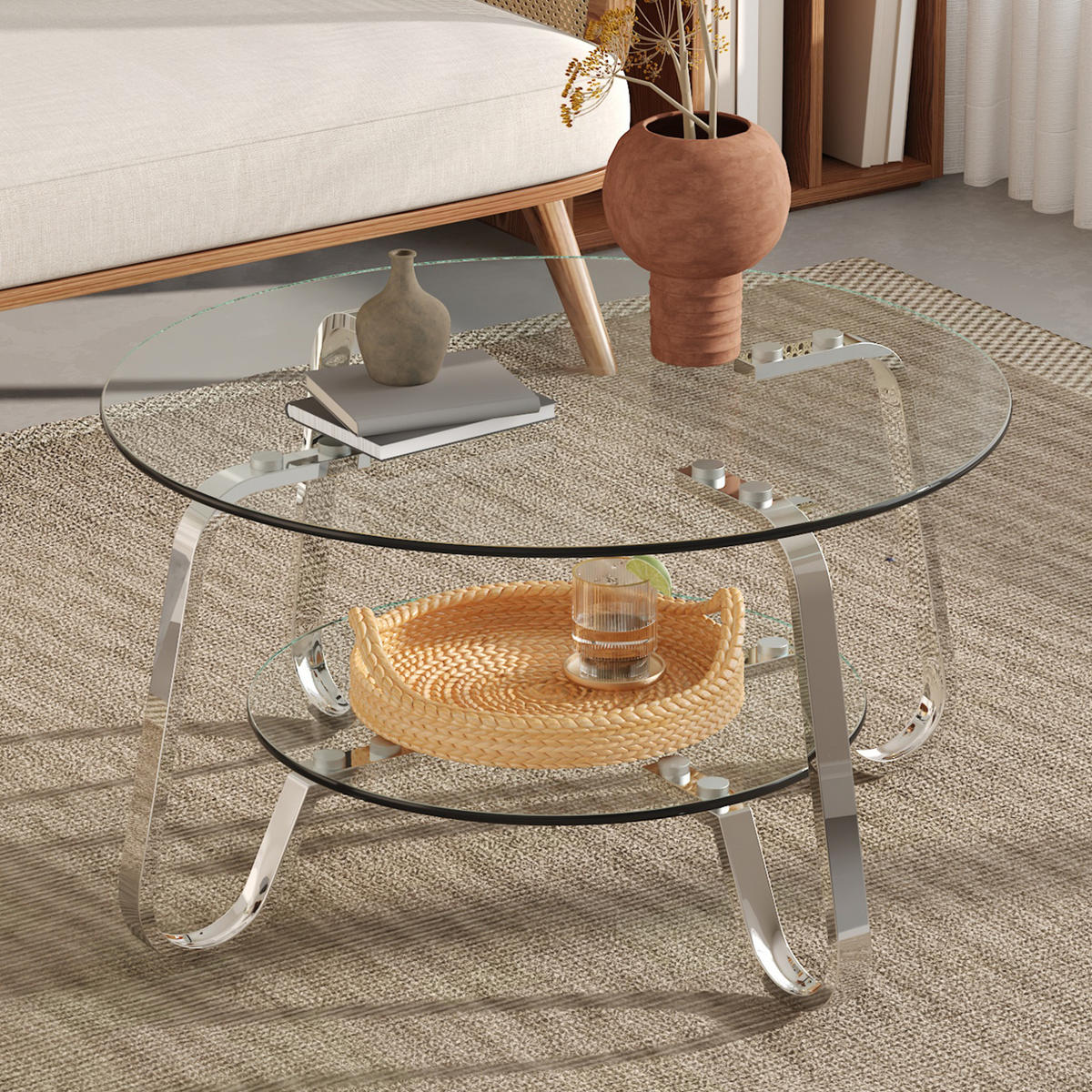 COUCHTISCH aus Glas & Metall in Silber mit 2 Ebenen gehärtetes Glas - Silberfarben, Glas (80/80/45cm) - Modfu