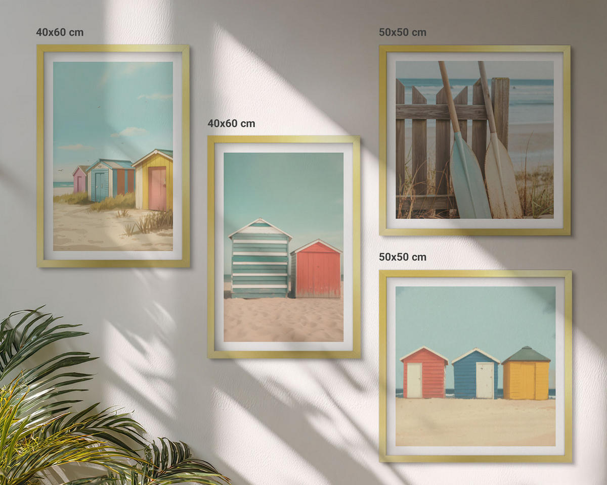 BILDER SET 4er Set - 50x50 cm & 40x60 cm Goldrahmen - Bunte Strandhäuser - Goldfarben, Kunststoff (50/50cm) - TULUP