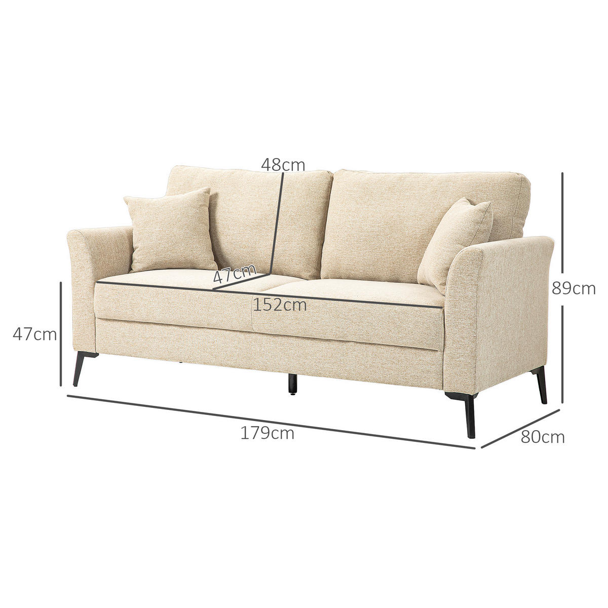 2 Sitzer Sofa, Couch mit Leinenoptik, Metallbeine, Polstersofa Doppelsofa - Beige/Schwarz, Textil/Metall (80/89/179cm) - HOMCOM