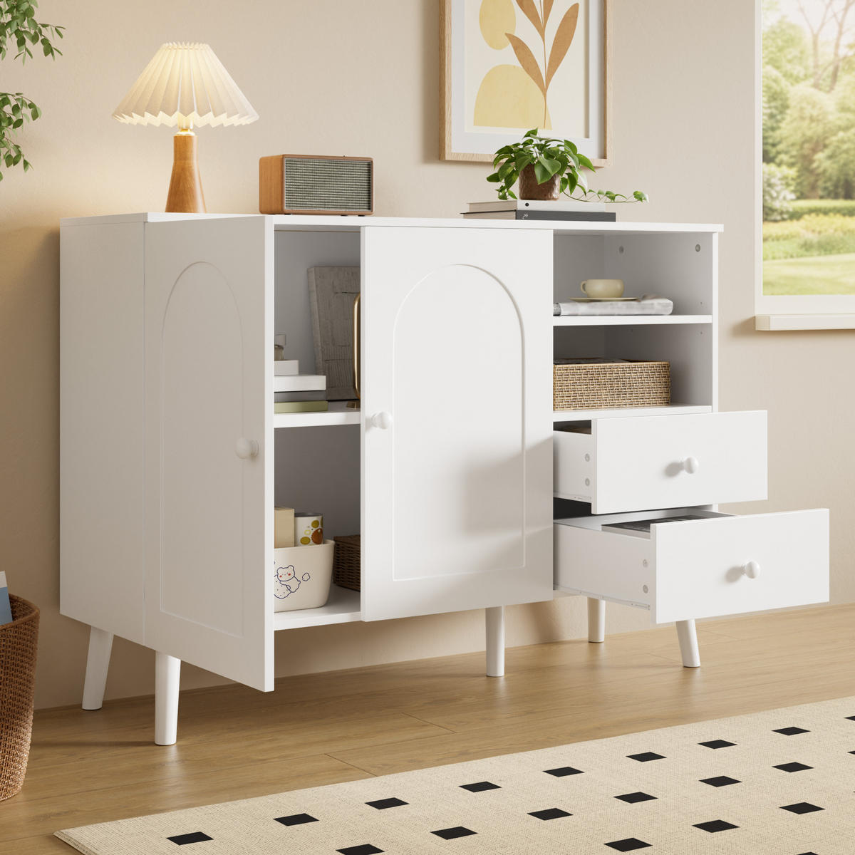 SIDEBOARD in Weiß mit Schubladen und offenen Fächern für Wohnzimmer, B118/T35/H82 cm - Weiß, Holzwerkstoff/Metall (118/82/35cm) - STILVORA