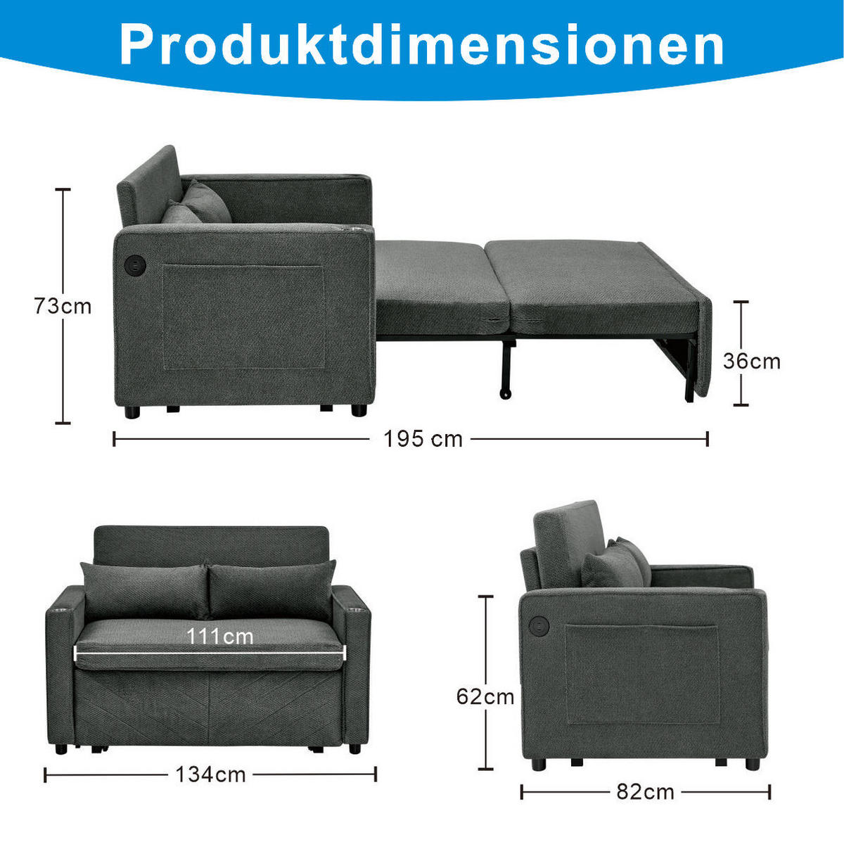 SCHLAFSOFA 2-Sitzer aus Holz und Stoff mit USB-Ladefunktion Dunkelgrau - Dunkelgrau, Holz (134/73/195cm) - Modenvie