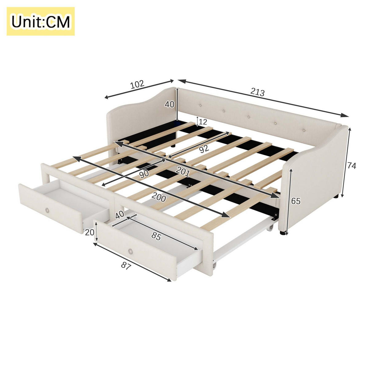 TAGESBETT 90/200 cm mit ausziehbarem Rollbett, 2 Schubladen und Leinenbezug, Beige - Beige, Textil (90/200cm) - Redom