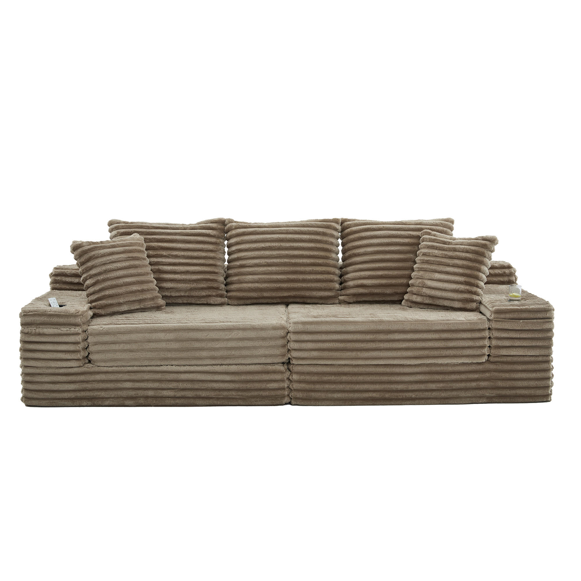 SCHLAFSOFA 273/98/87 cm Khaki mit beidseitigen Taschen und Getränkehaltern - Sandfarben, Textil (107.48/34.25/38.58cm) - Oxeza