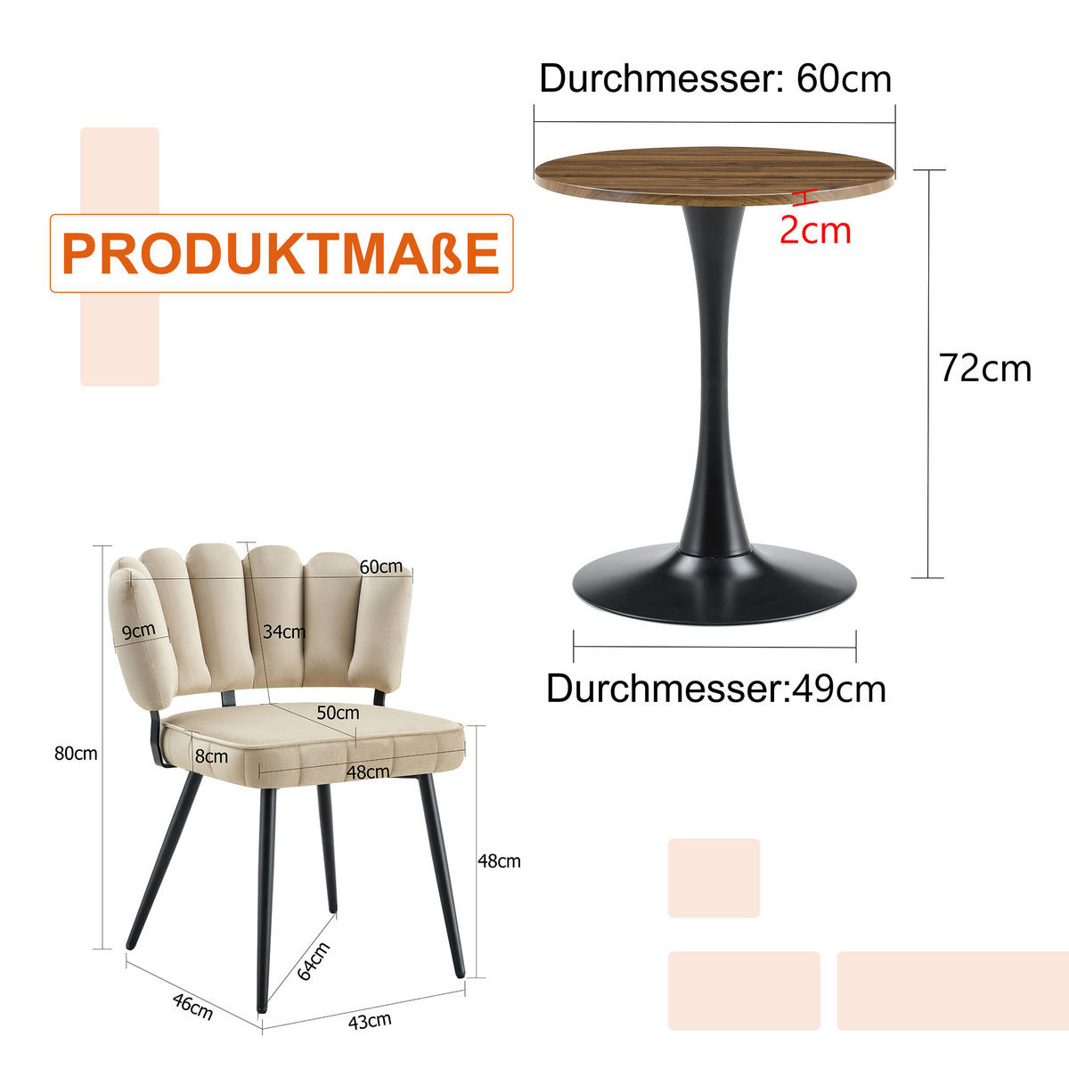 ESSGRUPPE DE-39410 3-teilig, mit 2 Stühlen Hellbraun - Hellbraun, Holzwerkstoff (60/72/60cm) - ComfortXL