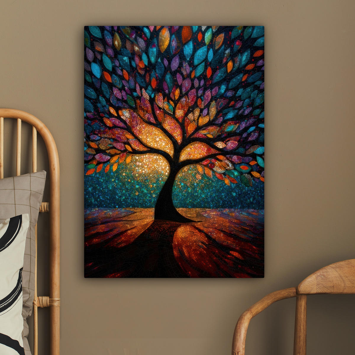 LEINWANDBILD Mosaik - Bunt - Baum - Äste Wandbild Wohnzimmer 60x80 cm - Multicolor, Textil (60/80cm) - MuchoWow
