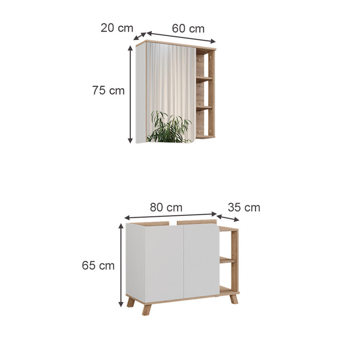 BADMÖBEL-SET Karen Sonoma/Weiß 2 Teile - Weiß/Sonoma Eiche, Holzwerkstoff (80/65/35cm) - Vicco