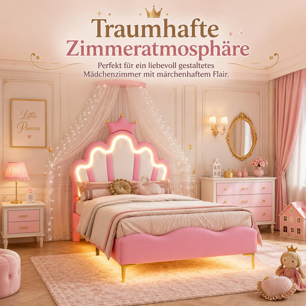 KINDERBETT 90/200 Rosa LED Polsterbett Prinzessin - Rosa, Metall (90/200cm) - Joyfair