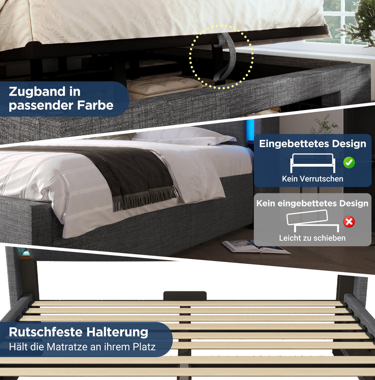 POLSTERBETT 140/200 cm mit LED, USB/USB-C, hydraulischem Stauraum und Kopfteil mit Ablage, Leinen, Grau - Grau, Textil (140/200cm) - Redom