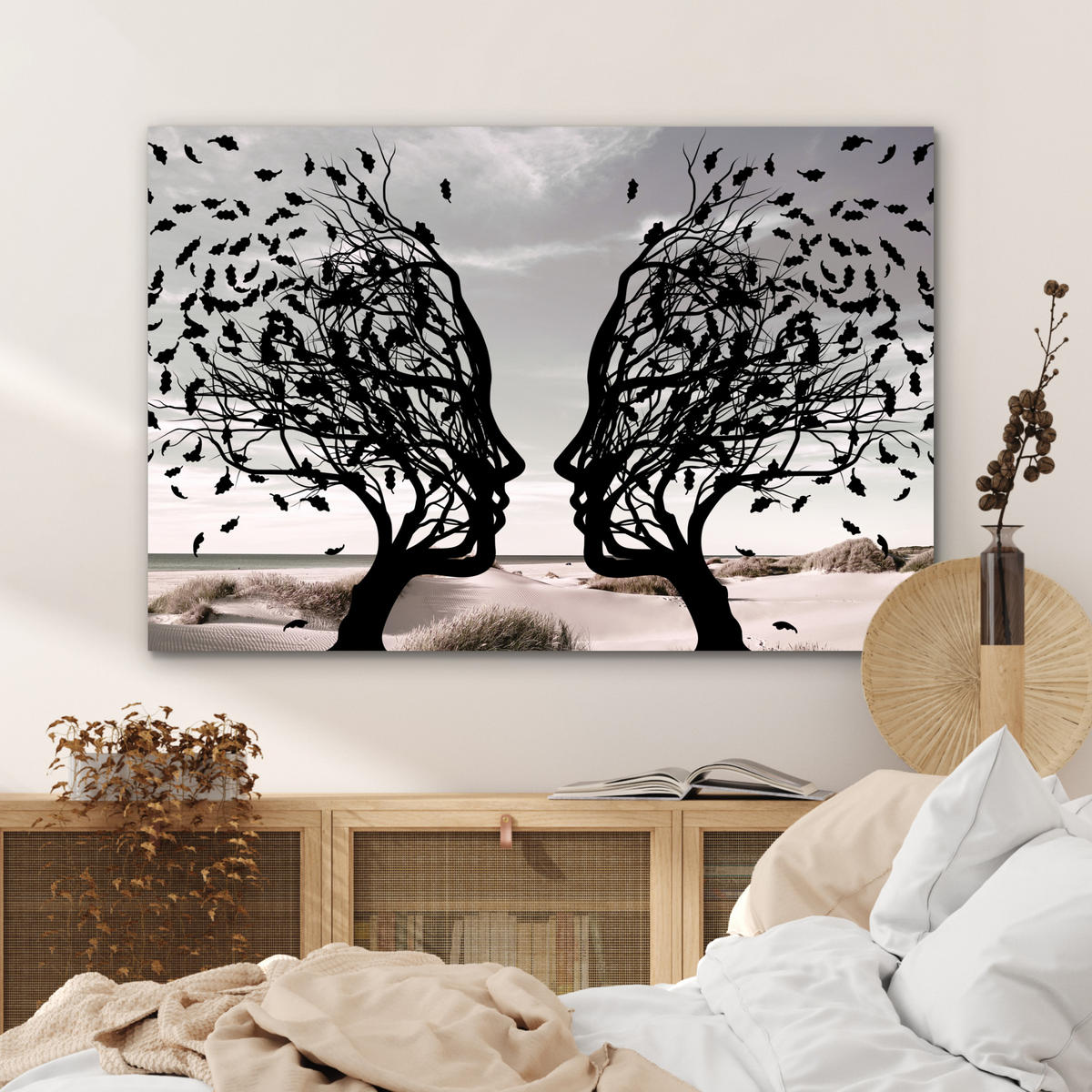 METALLBILD Strand - Meer - Menschen - Baum - Moderne Kunst 90x60 cm - Hellgrau, Metall (90/60cm) - MuchoWow
