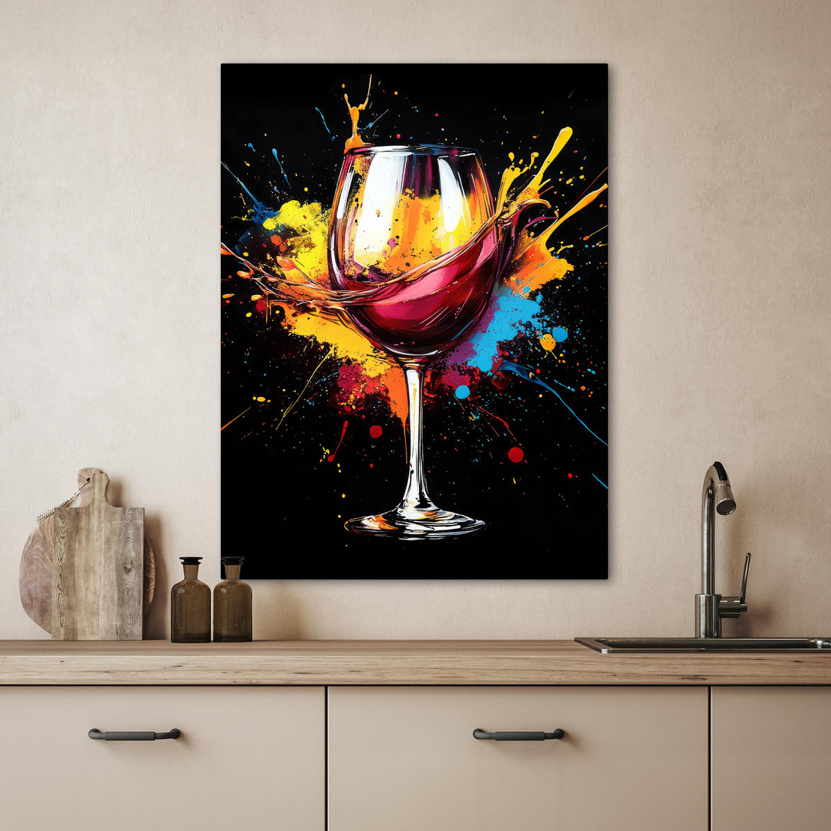 LEINWANDBILD Wein - Glas - Graffiti - Getränk - Rot - Farbe 60x80 cm - Weinrot, Textil (60/80cm) - MuchoWow