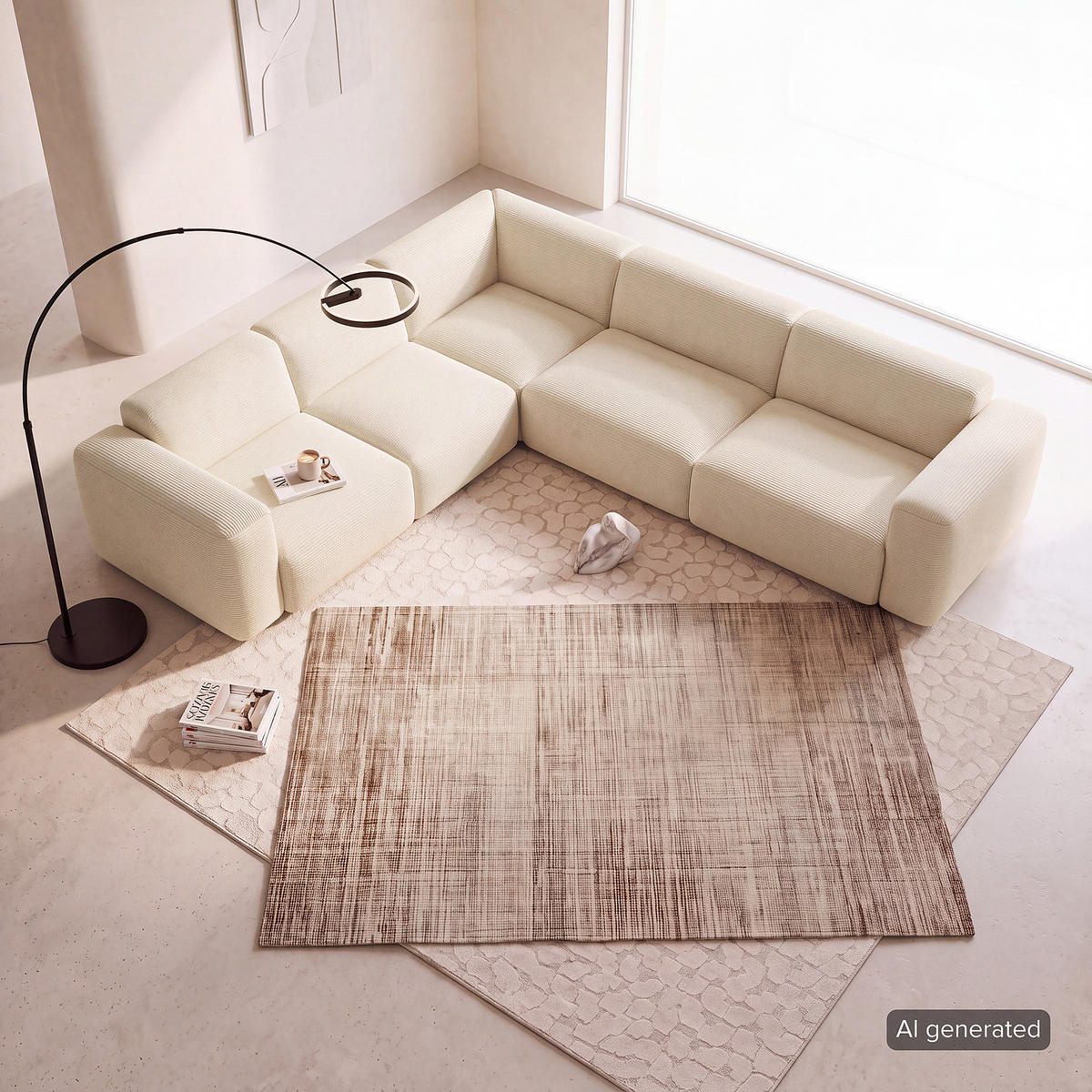 ECKSOFA mit Rundecke - Beige/Schwarz, Kunststoff/Textil (325/260cm) - home24