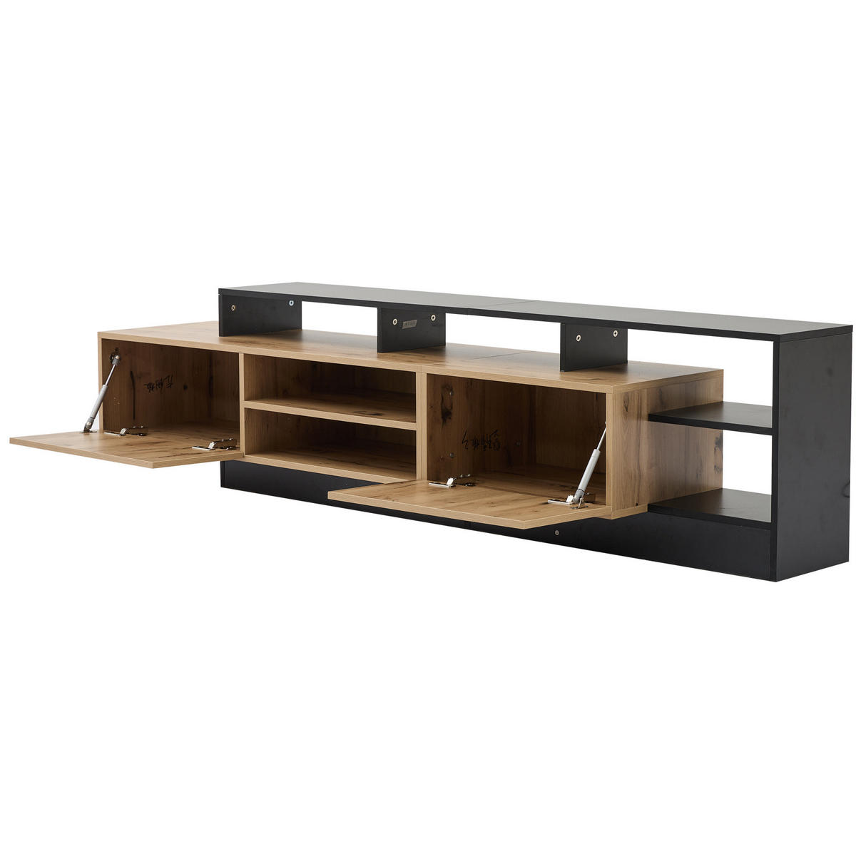 TV-SCHRANK aus Spanplatte 190x40x48,5 cm Eichefarben/Schwarz mit LED-Beleuchtung, viel Stauraum und Klapptüren - Schwarz, Holzwerkstoff (190/48.5/40cm) - Modfu