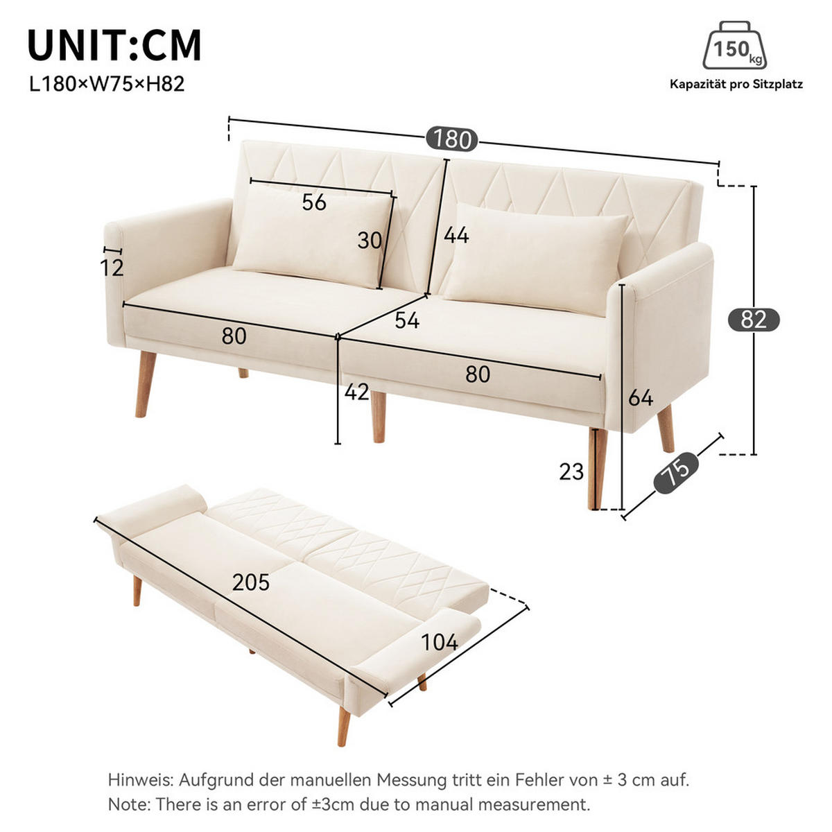 SCHLAFSOFA 2-Sitzer Samtstoff Bettfunktion Kompakt Beige - Beige, Holz (81.99/25.48/44.98cm) - FLIEKS
