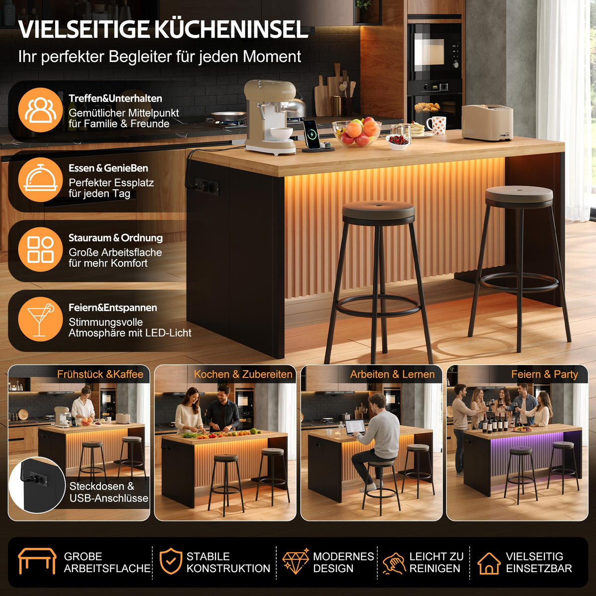 KÜCHENINSEL 155/80/90 cm Natürlich mit LED-Leuchten, 2 Steckdosen und 2 USB-Anschlüsse - Naturfarben, Holz/Holzwerkstoff (80/90/155cm) - Oxeza