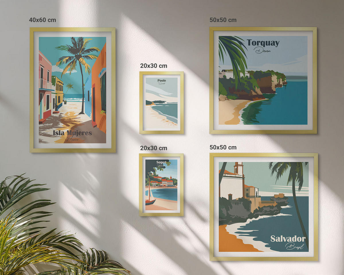 BILDER SET 5er Set - 50x50 cm & 20x30 cm & 40x60 cm Goldrahmen - Retro-Ansichten von Städten auf der ganzen Welt - Goldfarben, Kunststoff (40/60cm) - TULUP