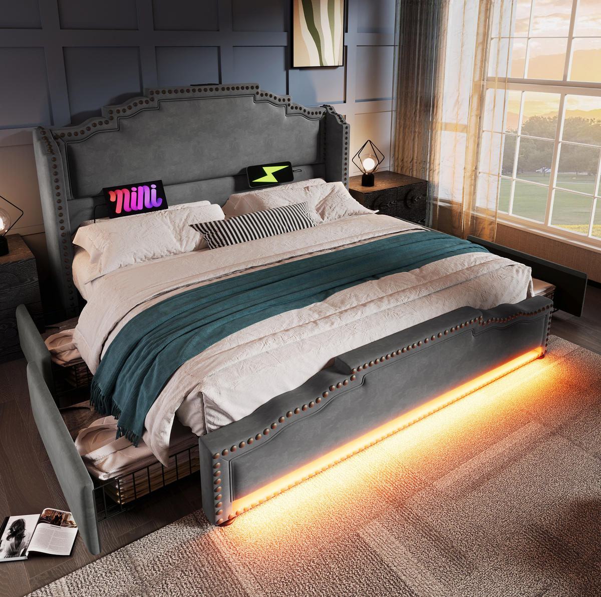 SAMT-POLSTERBETT 140/200 cm mit LED, 4 Schubladen und gepolstertem Kopfteil - Grau, Textil (140/200cm) - BEAOK