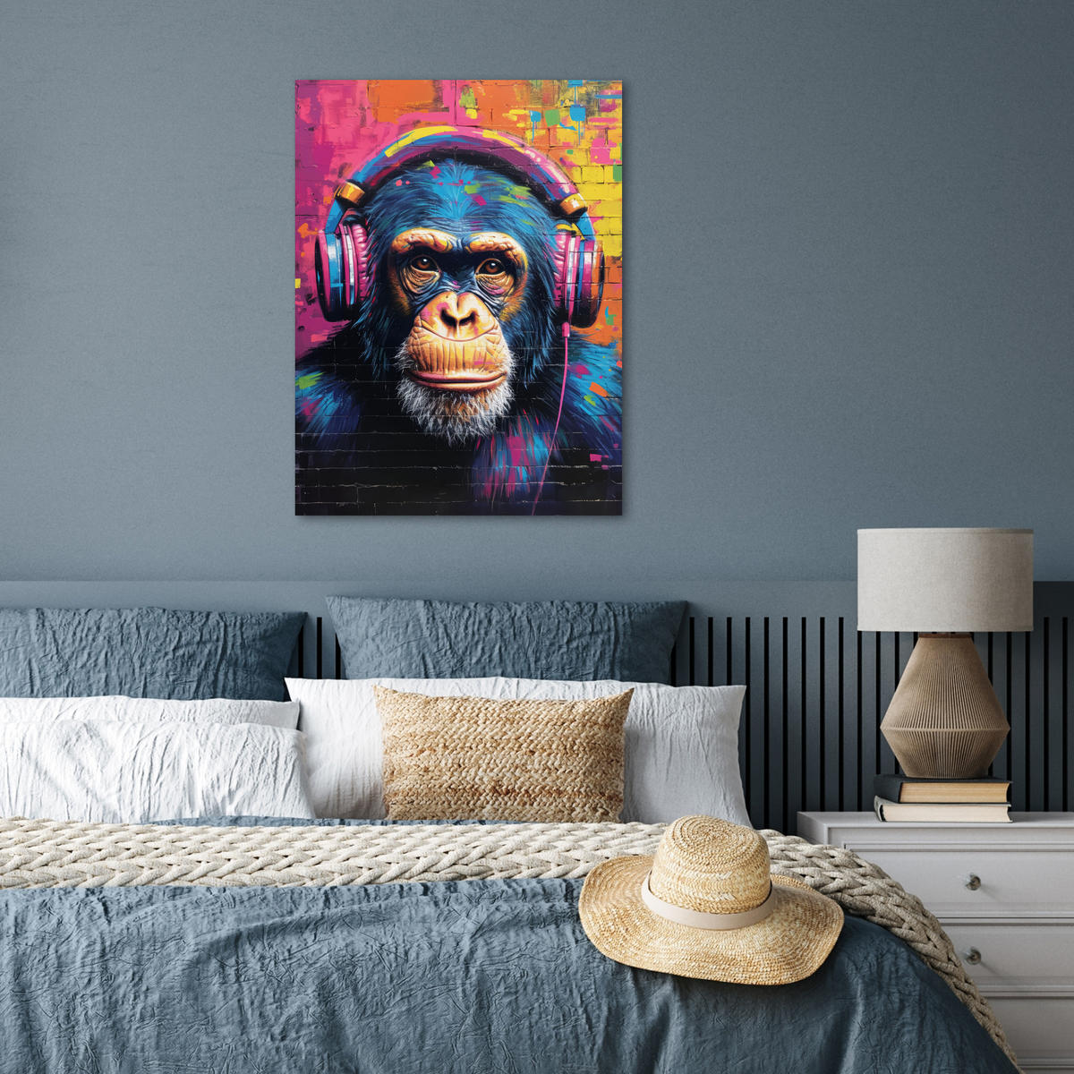 POSTER Graffiti - Schimpanse - Straßenkunst - Kopfhörer - Affe 60x80 cm - Blau, Papier (60/80/0.1cm) - MuchoWow