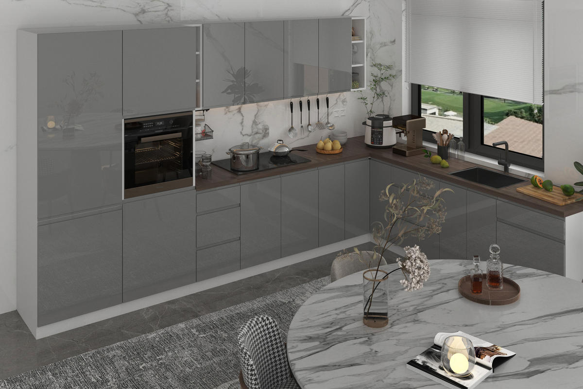 ECKKÜCHE 350 x 260 cm – Aspen KA4-M350 - in Grau/Hochglanz - Grau, Holz (610/212/58cm)