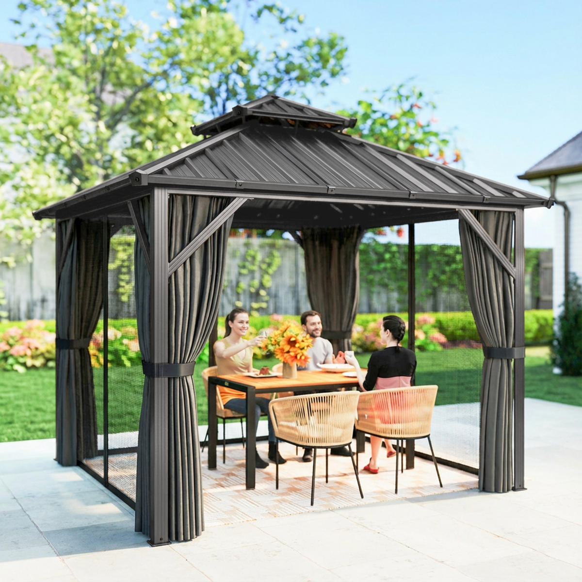 PAVILLON DE-12761 300/300 cm Doppeldach aus Stahl mit Moskitonetz Dunkelgrau - Dunkelgrau, Metall (301/293/301cm) - ComfortXL