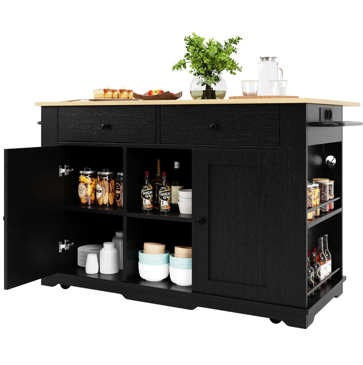 KÜCHENINSEL 151,5/59,7/91,7 cm aus MDF und Metall mit klappbarer Tischplatte und Steckdosenleiste Schwarz/Natur - Schwarz, Holzwerkstoff (151.5/91.7/84.7cm) - Modenvie