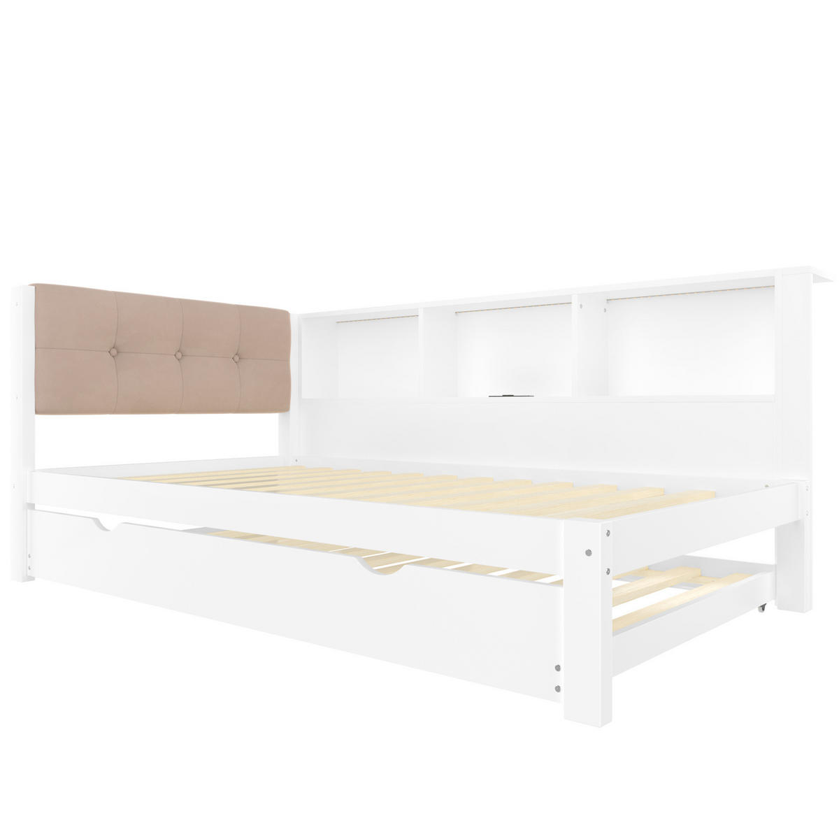 TAGESBETT 90/200 cm mit Ausziehbett, LED-Beleuchtung, USB-Anschluss und Regal, Kiefer/MDF, Weiß - Weiß, Holzwerkstoff (90/200cm) - Redom