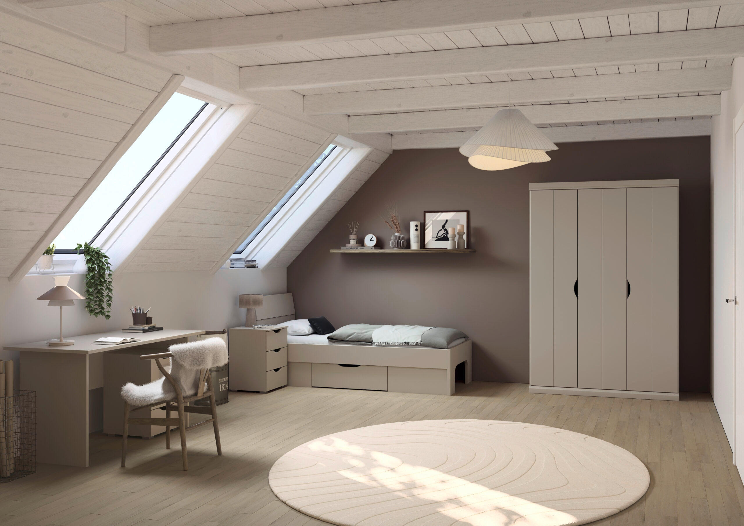 JUGENDZIMMER Frieda in Beige 5-teilig mit 3 türigem Kleiderschrank ohne Schubkästen, 90er Jugendbett, Nachttisch, Schreibtisch mit Container - Beige, Holzwerkstoff (80/200/120cm)