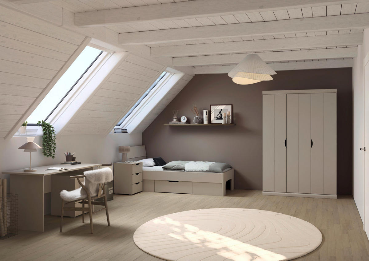 JUGENDZIMMER Frieda in Beige 5-teilig mit 3 türigem Kleiderschrank ohne Schubkästen, 90er Jugendbett, Nachttisch, Schreibtisch mit Container - Beige, Holzwerkstoff (80/200/120cm)