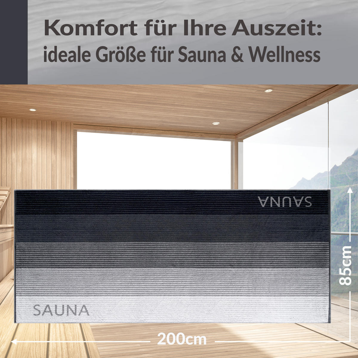 SAUNAHANDTUCH Helsinki Grau – Schwarz 85x200 cm - Schwarz/Grau, Naturmaterialien (85/200cm) - Lashuma