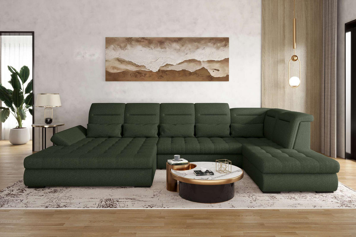 WOHNLANDSCHAFT Toscana Velours inkl. Schlaffunktion - Olivgrün, Textil (208/87/358cm) - 99rooms