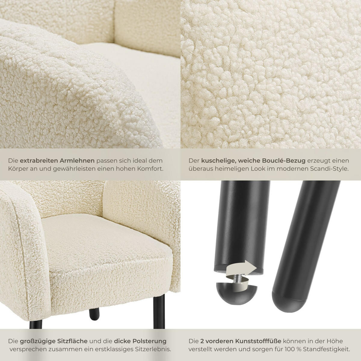 SESSEL Vänersborg, 72 x 71 x 92 cm, Bouclé creme/schwarz - Creme/Schwarz, Kunststoff (72/92/71cm) - tectake