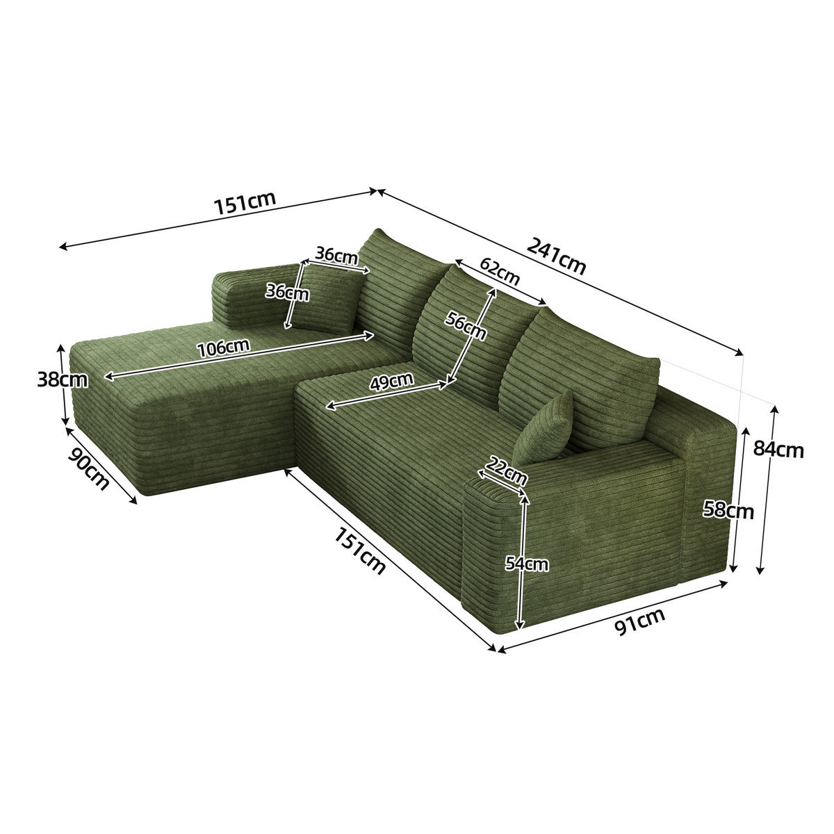 ECKSOFA Cord Grün ohne Montage - Grün, Textil (241/151cm) - WISHDOR