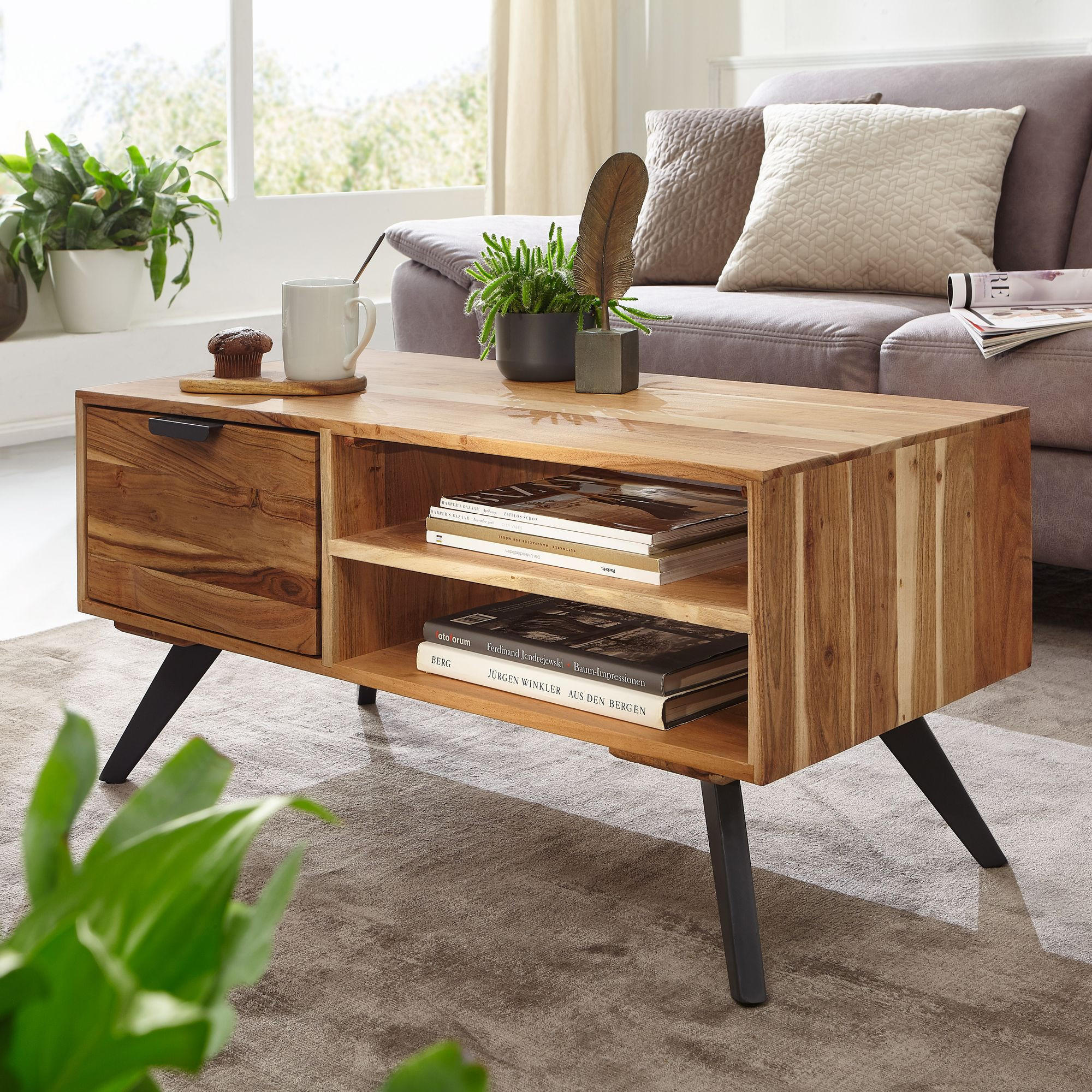 Thumbnail - Kadima Design Couchtisch, Beige, Holz, Echtholz,Akazie, 1 Schubladen, Rechteckig,Rechteckig, Stativgestell, 95x45x45 cm,...