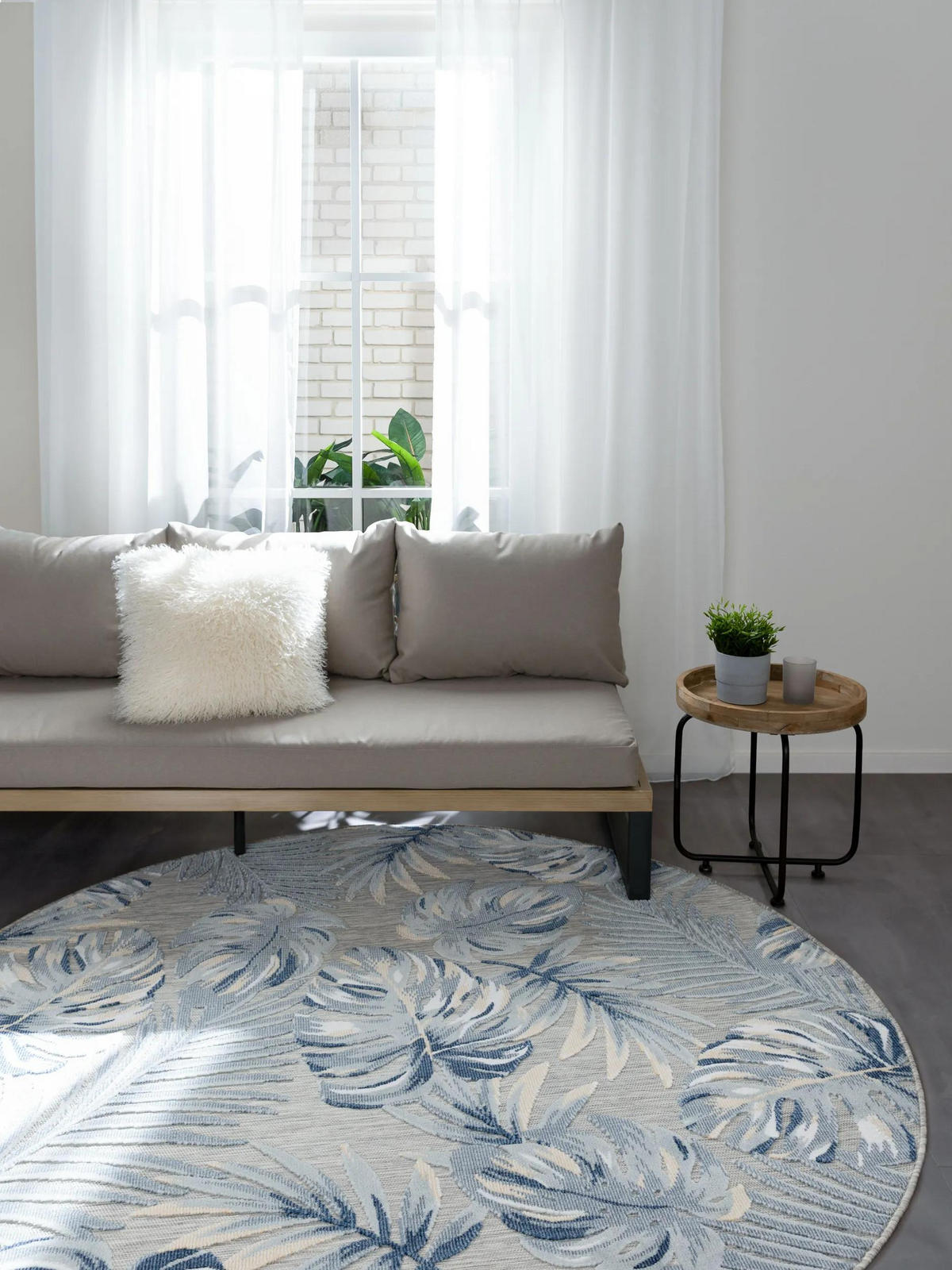 VNITŘNÍ a venkovní koberec Flora Vícebarevné ø 200 cm kulatý - modrá/krémová, plast/umělá hmota (200/200cm) - benuta