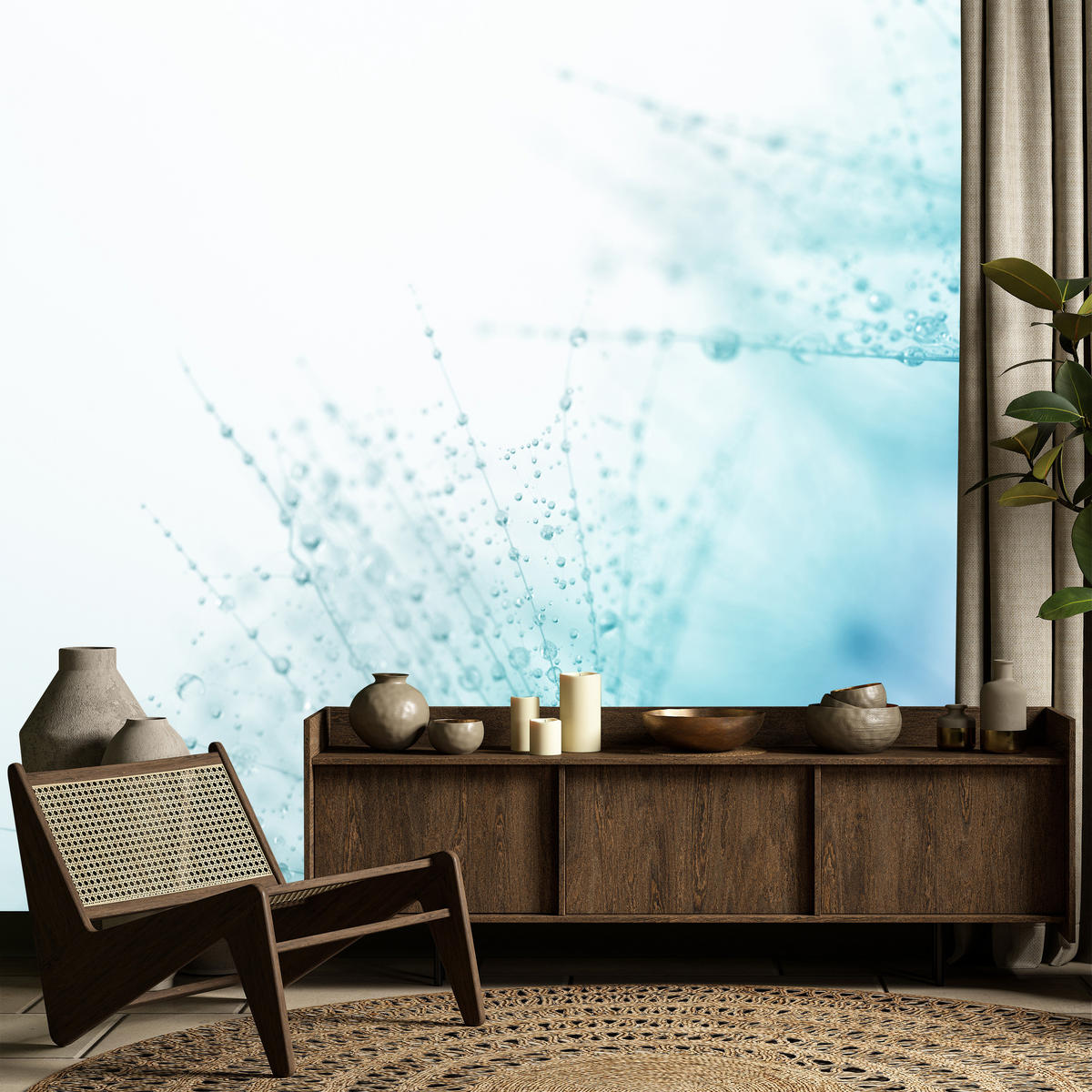 FOTOTAPETE für Badezimmer Leuchtende Löwenzahnblüten Wassertropfen Blau 150x105 - Türkis/Blau, Papier (150/105cm) - Muralo