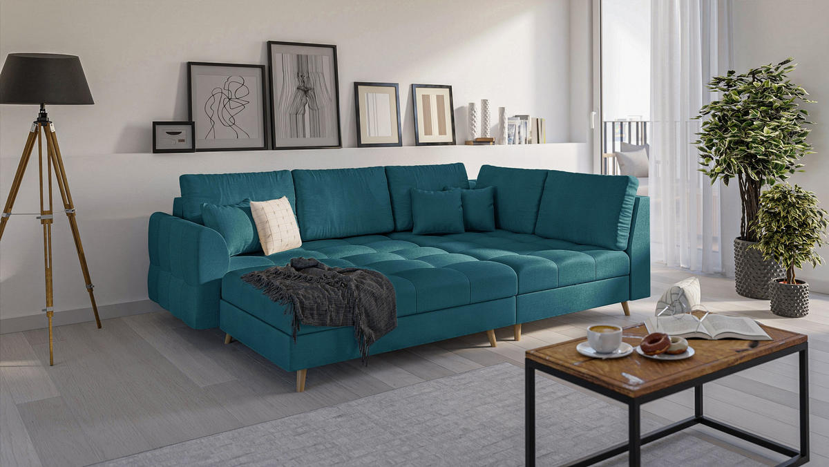 ECKSOFA MIT HOCKER Lorine Mikrofaser Blau - Blau/Hellbraun, Buchenholz/Textil (231/161cm) - S-Style Möbel