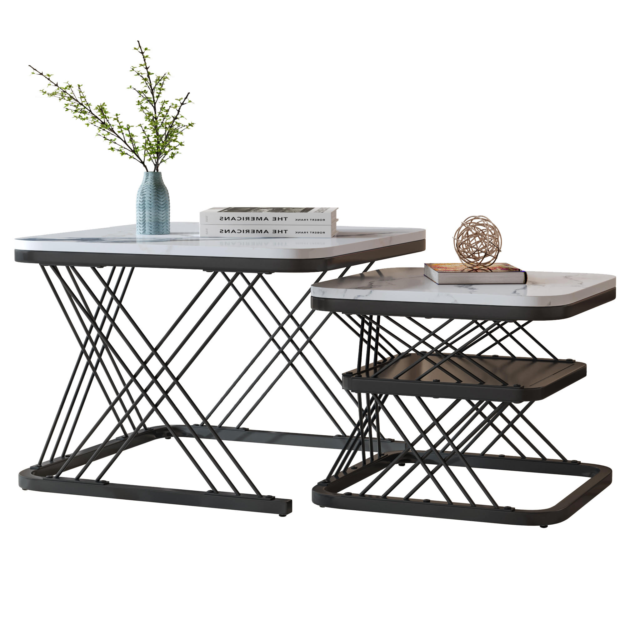 COUCHTISCH 2er Set Beistelltisch Eckig, Gold - Schwarz, Metall (60/60/45cm)