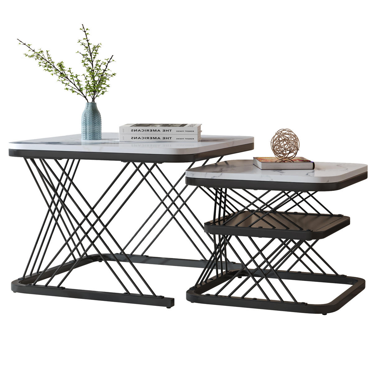 COUCHTISCH 2er Set Beistelltisch Eckig, Gold - Schwarz, Metall (60/60/45cm)