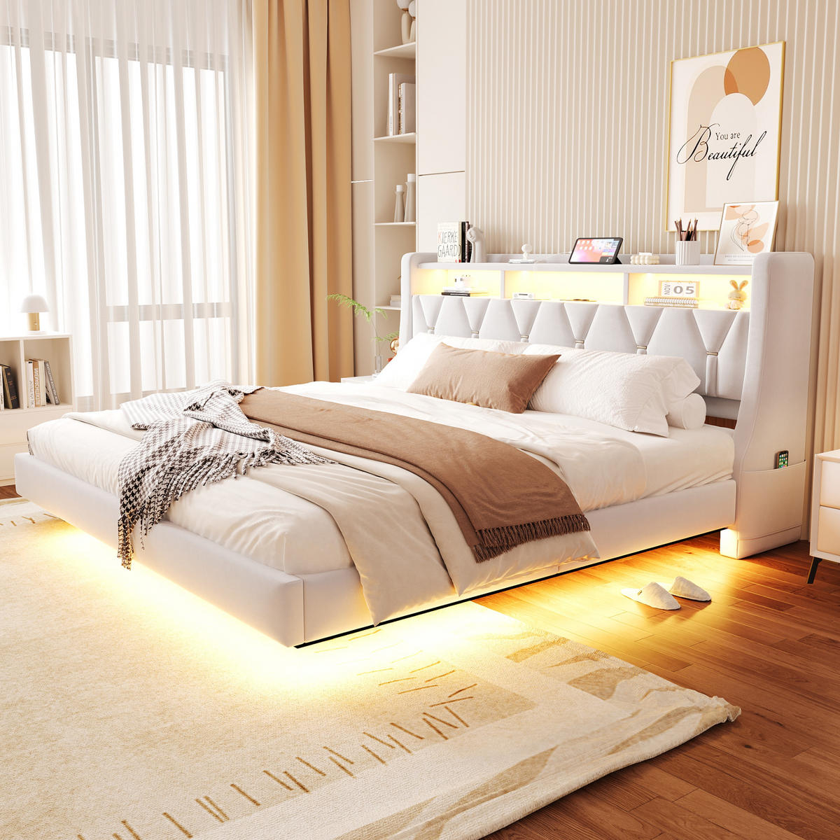 POLSTERBETT 180/200 cm in Beige mit LED, USB, Type-C und Ablage Samt - Beige, Holzwerkstoff/Textil (180/200cm) - STILVORA
