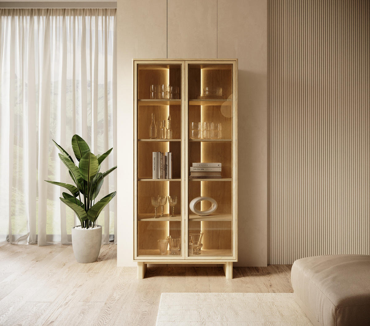 VITRINE VIRONE (Geölte Eiche, LED-Beleuchtung, Glasfronten, Push-to-Open, hohe Füße) - Eichefarben, Holz/Holzwerkstoff (93/195/38cm) - Ravio