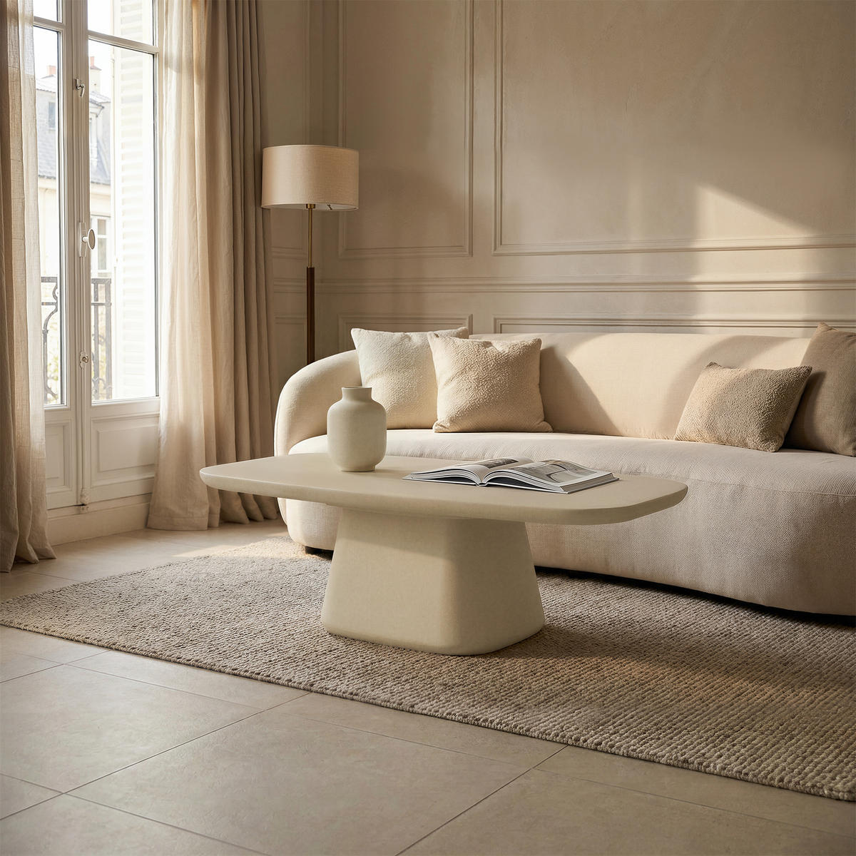 COUCHTISCH HORIZON Rund Groß aus Beton 120 x 60 x 40 cm - Creme, Naturmaterialien (120/60/40cm) - Elementi