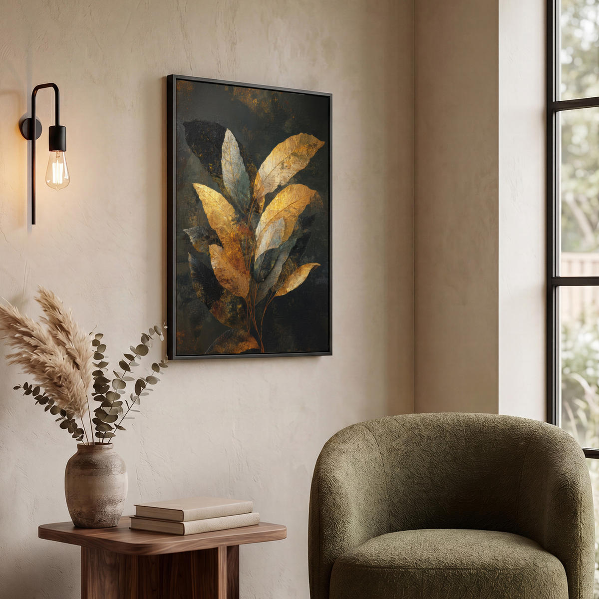 LEINWAND Bilder mit Rahmen - Golden Leaf Komposition - Botanical Luxury - 60x80 - Goldfarben, Textil (60/80cm) - MuchoWow