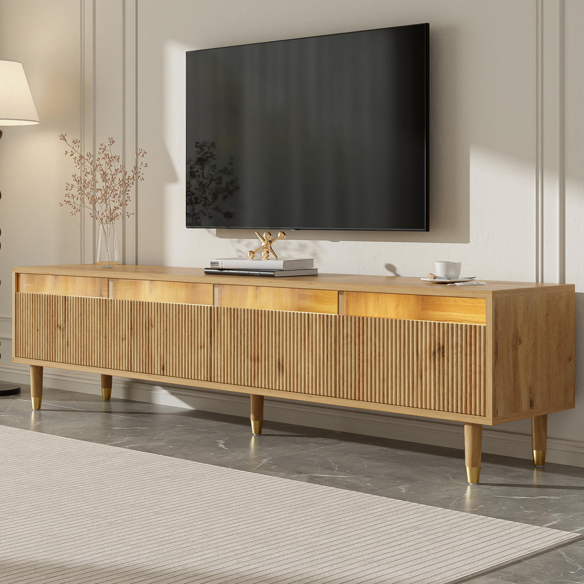 TV-SCHRANK 178/35/45 cm Holzoptik mit 4 Schubladen aus MDF und Acryl, minimalistisches Design - Naturfarben, Holzwerkstoff (178/45/35cm) - OKWISH