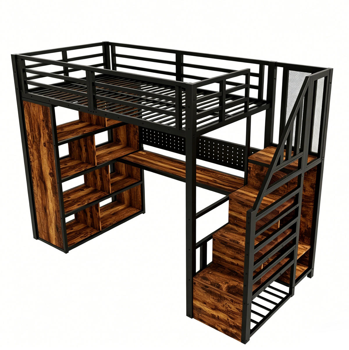 HOCHBETT Metall/Holz 90x200 cm Schwarz mit Schreibtisch, Stauraumtreppe, Kleiderschrank und LED - Schwarz, Metall (90/200cm) - Modfu