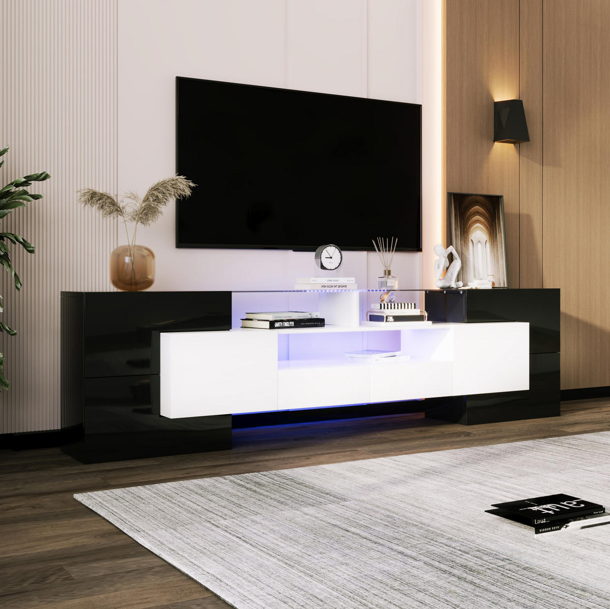 TV stolek 200/35/60 cm s LED osvětlením, vysoký lesk, skleněná plocha a úložný prostor, Černá a bílá - černá, kompozitní dřevo (200/60/35cm) - Redom